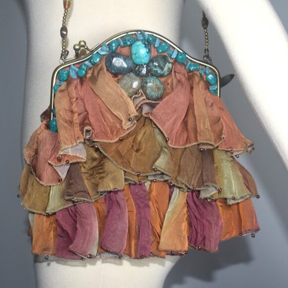 Mary Frances Shoulder Bag Purse Rock My Soul Boho Turquoise Silk Ruffle Beaded - Picture 1 of 11